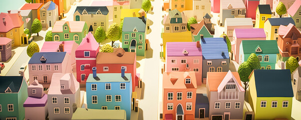 Alluring 3D illustration of an elegant neighborhood street with charming pastel houses, representing real estate valuation in a captivating and emotional way. Generative AI