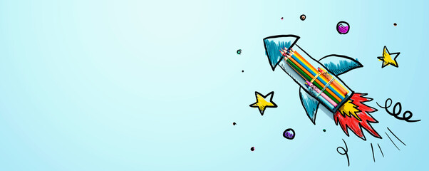 Back to school theme with hand drawn rocket and colored pencils - obrazy, fototapety, plakaty
