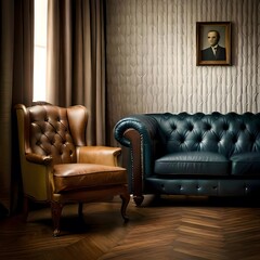 Leather quilted sofa with soft fabric and wooden magazine table in a classic hotel interior in a contemporary vintage style more realistic