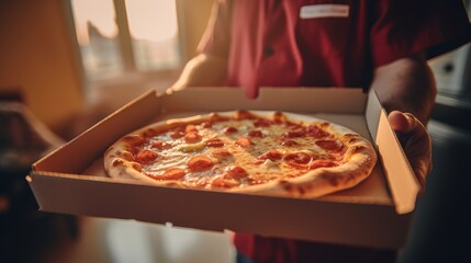 Hands holding a pizza box. Pizza is ready for delivery. Generative AI
