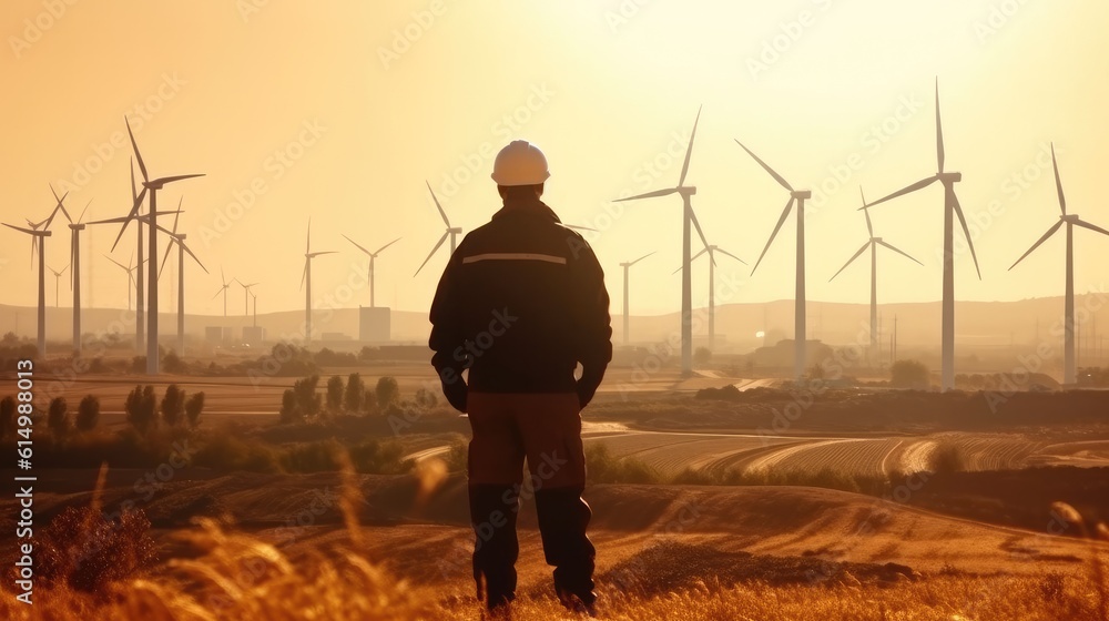 Poster Engineer looking and checking wind turbines at field. View from behind.