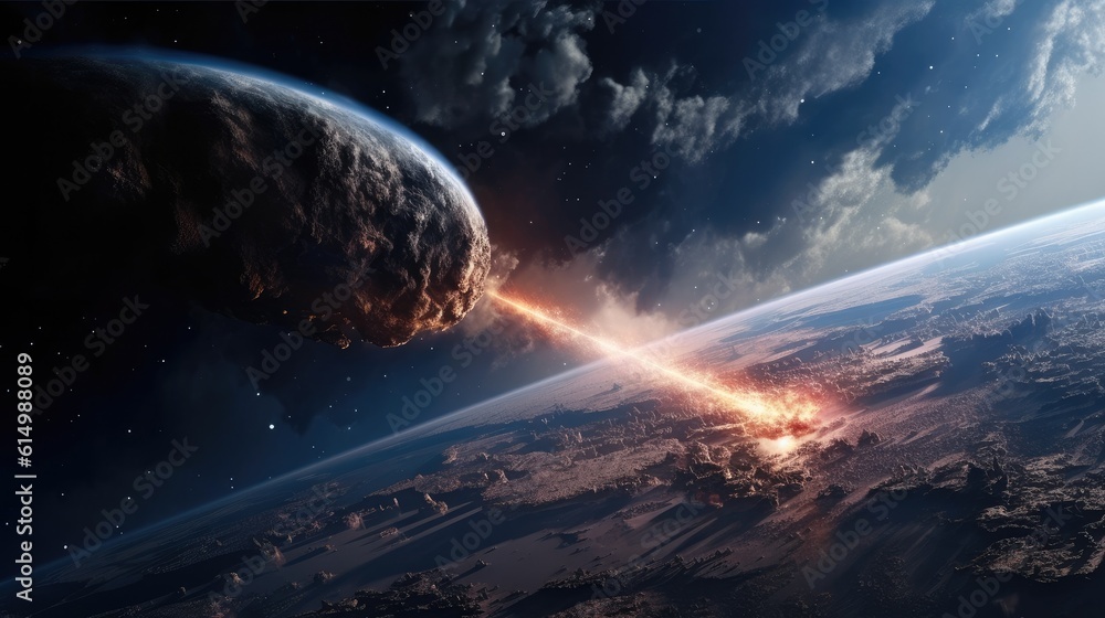 Poster large asteroid impacting earth, an impact this large would result in the extinction of most all life
