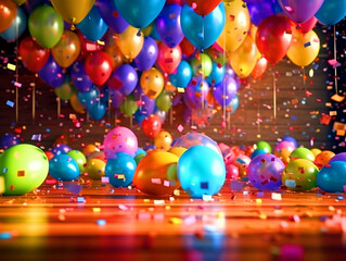 Birthday party stage with colorful balloons arrangement - ai generative