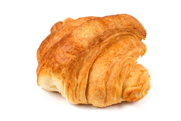 The croissant is isolated on a white background. Sweet bakery products close-up.