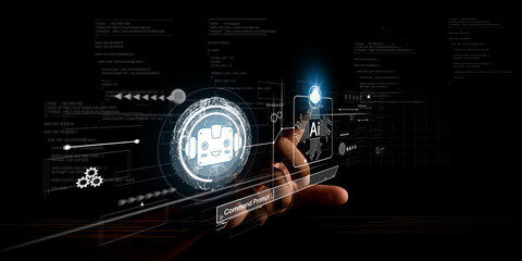 Hand touch technology smart robot AI, artificial intelligence by enter command prompt for generates something, Ai technology, Artificial Intelligence. Chat with AI