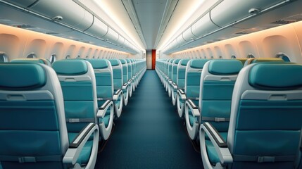 Plane interior with seats, Interior of empty ready to fly airliner cabin with rows of seats.