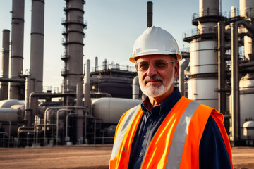 Digital portrait of a senior successful confident professional Petrochemical engineer standing in a Gas storage. Concept of active age. Generative AI