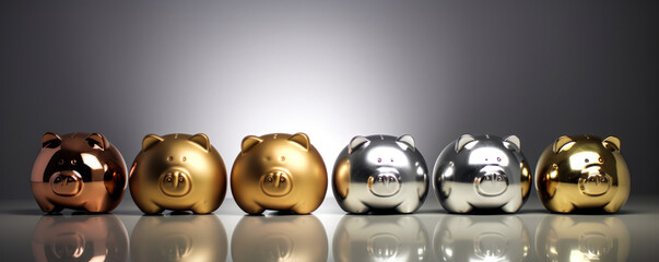 Captivating gold, silver, and bronze metallic piggy banks on a reflective surface with elegant gradient background, symbolizing wise financial choices. Generative AI