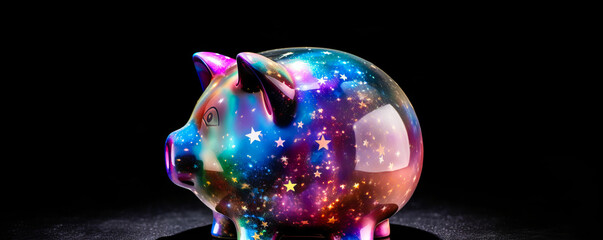 Captivating cosmic piggy bank with swirling galaxy of stars inside, evoking wonder and infinite financial potential for creative marketing messaging. Generative AI