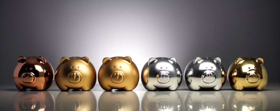 Captivating gold, silver, and bronze metallic piggy banks on a reflective surface with elegant gradient background, symbolizing wise financial choices. Generative AI