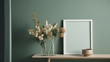 vase beside an empty white frame for a picture background  in soft green sage colour mockup interior design generative ai 