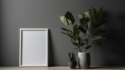 vase beside an empty white frame for a picture background in soft grey colour mockup interior design generative ai 