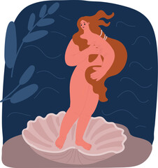 Cartoon vector illustration of girl with curly hair. the birth of venus. Botticelli.