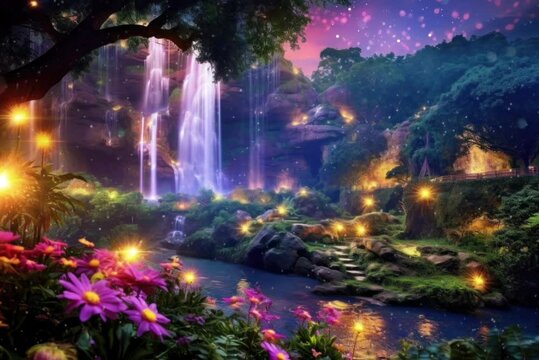 Glowing fireflies illuminating a hidden fairytale garden at dusk, with a majestic waterfall cascading down a vibrant flower covered cliff. Generative AI