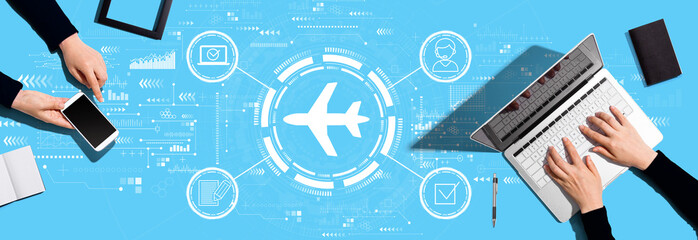 Flight ticket booking concept with two people working together