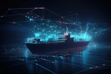 Embark on a futuristic cargo journey with this captivating illustration of a container ship, adorned with glowing details - Generative AI