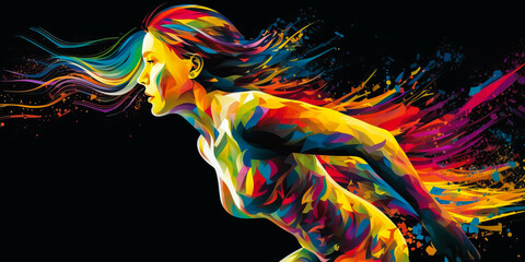 Female silhouette in motion, moving between vivid, swirling colors. Powerful faceless image to emphasize movement and strength. Generative AI