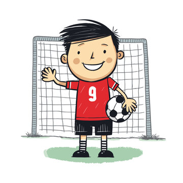 Soccer goalkeeper keeping goal vector illustration, cartoon kids hand-drawn style. children playing soccer