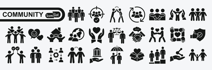 Community icon set. Containing people, friendship, social, diversity, village, relationships, support and community development icons. Solid icon collection