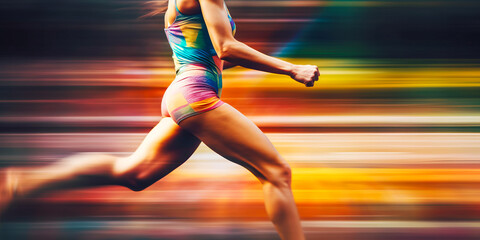 Captivating image of woman's lower half running on track with artistic, colorful blur portrays feminine speed and determination, perfect for fitness or sportswear ads. Generative AI - obrazy, fototapety, plakaty