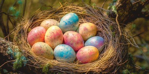 Imagine a soft, colorful nest filled with eggs decorated with golden spots. An image that perfectly symbolizes magic and festive occasions. Generative AI