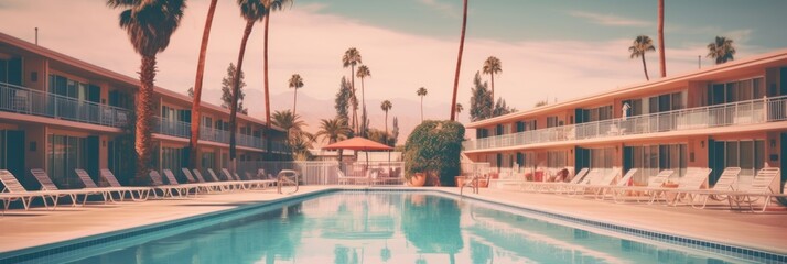 Obraz premium Palm trees and vintage hotel pool. Generative AI
