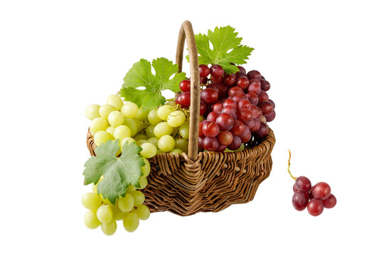 Different mixed red and green grape bunches with leaves in wicker basket isolated on white background.