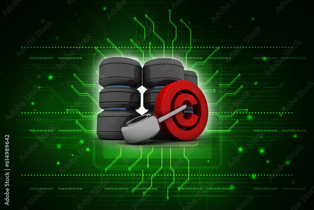 Poster 3d illustration copyright symbol protected lock with database concept