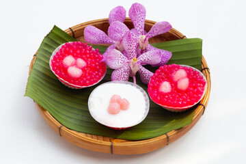 Sago and coconut milk pudding with water chestnuts