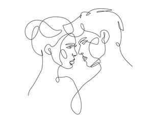 Happy Couple Continuous One Line Drawing. Couple Creative Contemporary Abstract Line Drawing with Two Faces. Love Concept Vector Minimalist Design for Wall Art, Print, Card, Poster.