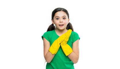girl cleaner housekeeping in gloves isolated on white. girl cleaner housekeeping in studio. girl cleaner housekeeping on background. girl cleaner housekeeping