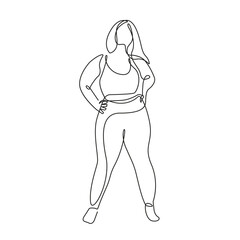 Woman Silhouette Vector Line Art Drawing. Female Silhouette Sport Pose Linear Drawing. Body Positive Illustration Minimalist Style for Modern Design: Prints, Wall Art, Posters, Social Media. 