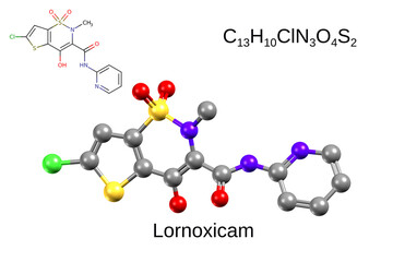 Chemical formula, structural formula and 3D ball-and-stick model of lornoxicam, also known as chlortenoxicam, a nonsteroidal anti-inflammatory drug (NSAID) of the oxicam class