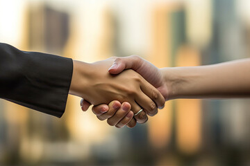 Business people shaking hands in the office with cityscape background
