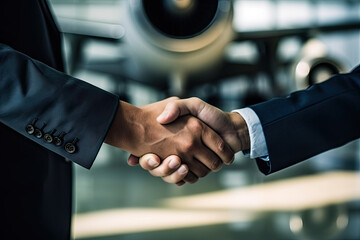 Business people shaking hands in an airplane hangar - obrazy, fototapety, plakaty