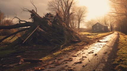 After the bad weather, a fallen tree blocked the road in the village. Generative AI