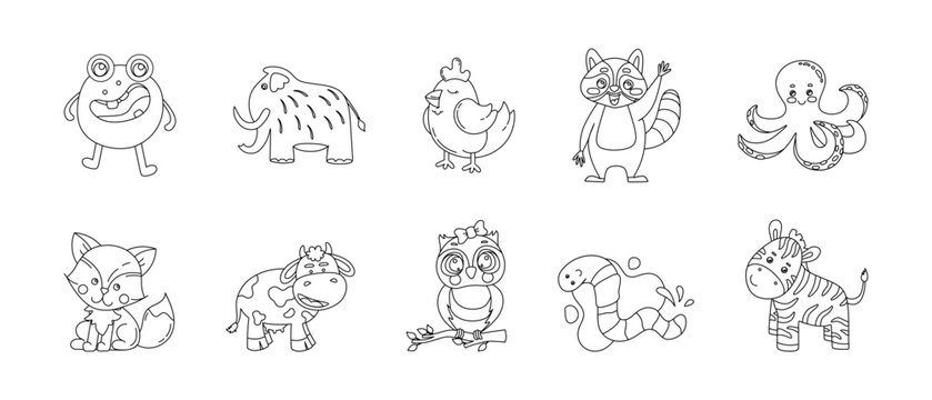 Animals Cute Funny Set of Drawings Vector black and white illustration Isolated on a white background