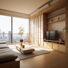 Modern apartment influenced by Japanese design: minimalistic, functional, serene. Clean lines, natural materials, tatami mats, shoji screens. Muted colors, Zen-inspired furniture. Creates a calm, peac