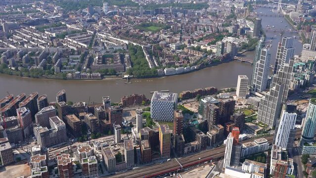 Aerial view of the US Embassy, Nine Elms, Vauxhall West, Vauxhall Station, River Thames and the MI-6 building, London, UK.
