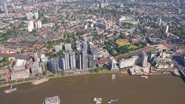 Aerial view of the Albert Embankment from Lambeth Bridge to the US Embassy, Nine Elms, London UK.