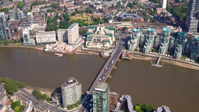 Aerial view of the MI-6 Building, Vauxhall Bridge, Vauxhall West to Nine Elms and the US Embassy, London UK.