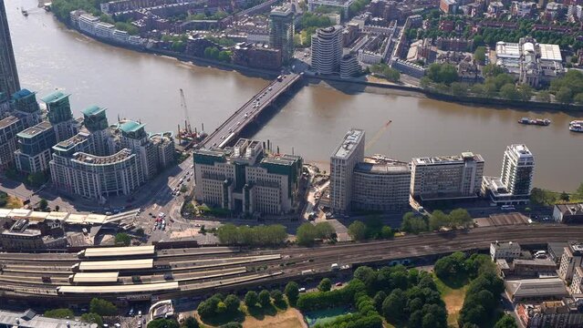 Aerial view of the MI-6 Building, Vauxhall Bridge, Vauxhall Station and Vauxhall West, London, UK.
