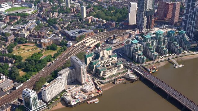 Aerial view of the MI-6 Building at Vauxhall, London UK.