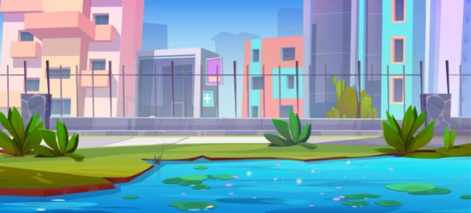  City park garden path with fence and swamp cartoon background. Sidewalk on town street with cityscape view on skyscraper and waterlily in lake. Empty public zoo area in summer with metal wall and bush © klyaksun