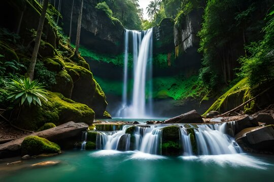 waterfall in the forest wallpaper background generated by AI © ALLAH LOVE