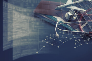 Airplane, passport, boarding pass and stethoscope. Passenger air insurance concept.