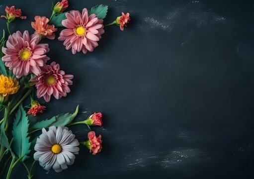 a few flowers on the corner of the empty space in the middle of the image with chalkboard background