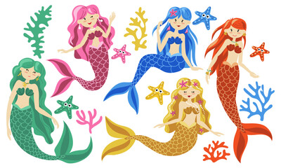 A set of vector illustrations of cute colorful mermaids with colorful hair and other underwater elements. Cartoon illustration of fish people with elements of the underwater world