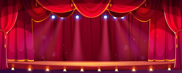 Cartoon theater concert stage with red curtain and spotlight vector background. Music or movie podium in empty cinema. 2d opera play scenery . School comedy performance showtime platform illustration - obrazy, fototapety, plakaty