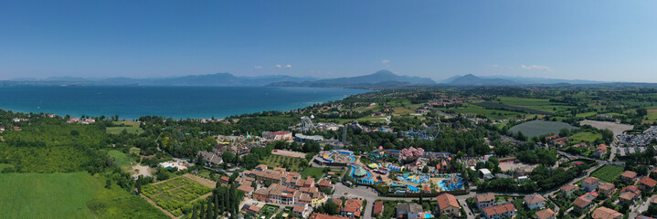 Aerial panorama of the popular Amusement Park on Lake Garda aerial view. The best attractions in...